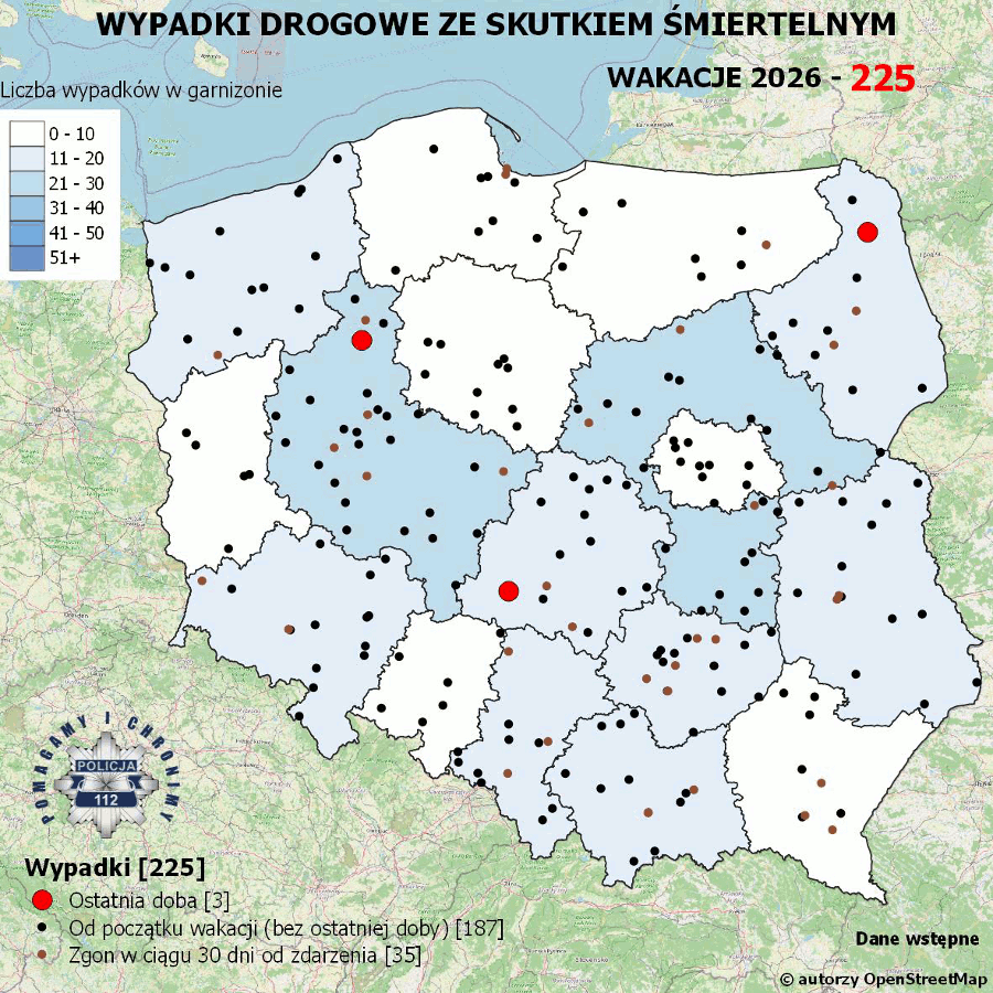 Mapa prezentująca liczbę wypadków poprzedniej doby w Polsce. Prezentowane dane są dostępne w tekście poniżej.